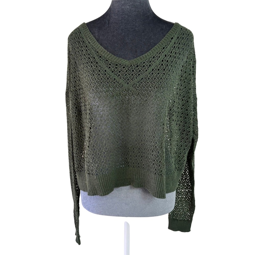 Kensie Olive Green Indie Boho Crochet Knit Cropped V-Neck Sweater Relaxed Fit L